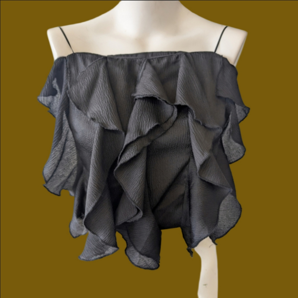 Crop Top Black Ruffle Cropped Off-Shoulder Spaghetti Strap Elastic Back XL NWT